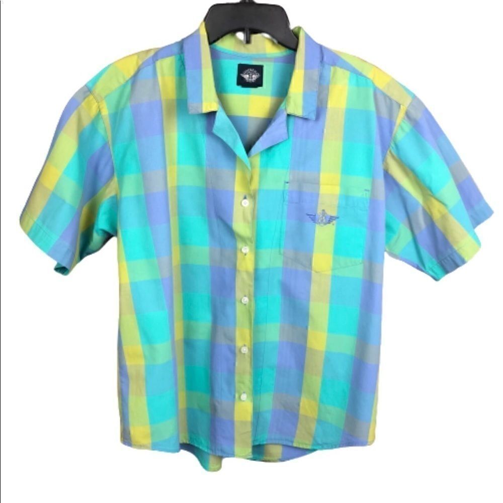 Dockers Striped Blouse Plaid Pastel Button Front Short Sleeve Front Pocket Large